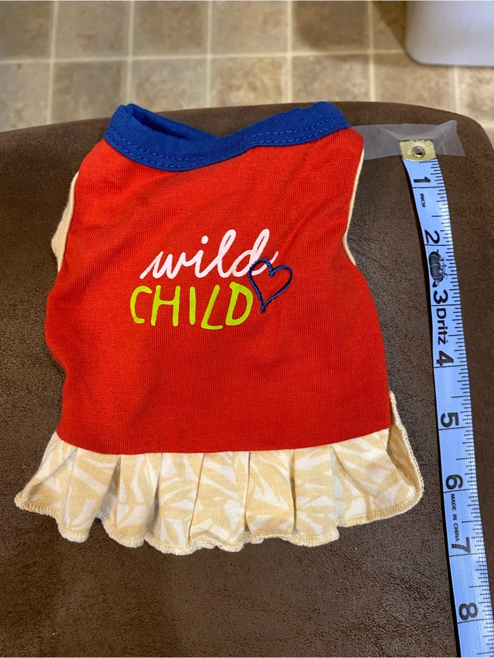 Ellen DeGeneres Red Dog Dress with Blue Trim and Cream Ruffle